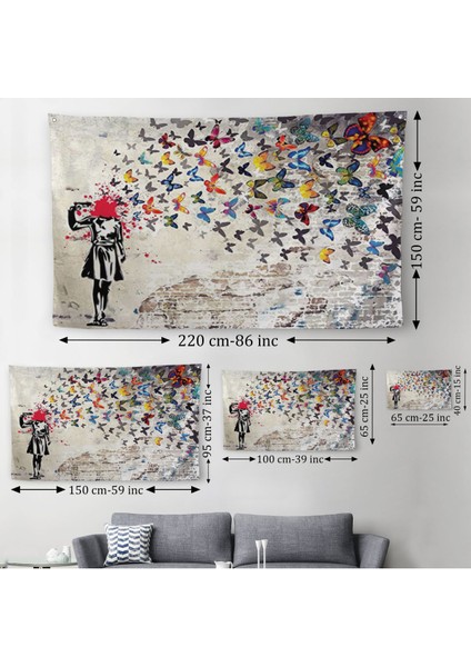 Banksy Kelebek Kanvas Duvar Örtüsü-Halısı, Kelebek Kız Intihar Duvar Örtüsü-Halısı-5389 modelleri