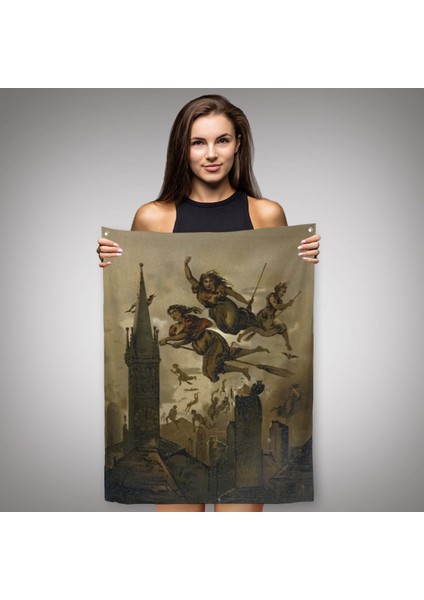 Süpürgelerindeki Cadılar Evlerinin Çatılarının Üzerinden Uçuyor Duvar Örtüsü - Halısı-6118 fiyatları