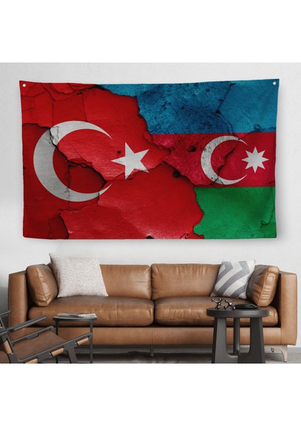 Türkiye Azerbaycan Bayrak Desenli Dekoratif Kanvas Duvar Örtüsü-Halısı-6516