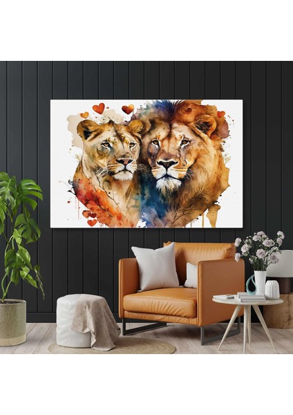 Aslan ve Kaplan Çifti Sulu Boya Efekti Romantik Hayvan Yatay Kanvas Tablo