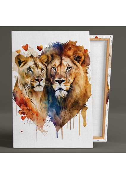 Aslan ve Kaplan Çifti Sulu Boya Efekti Romantik Hayvan Dikey Kanvas Tablo