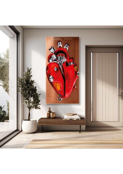 Kırmızı Ferrari Araba Kalbi Mekanik Dekor Boyuna Dikey Kanvas Tablo