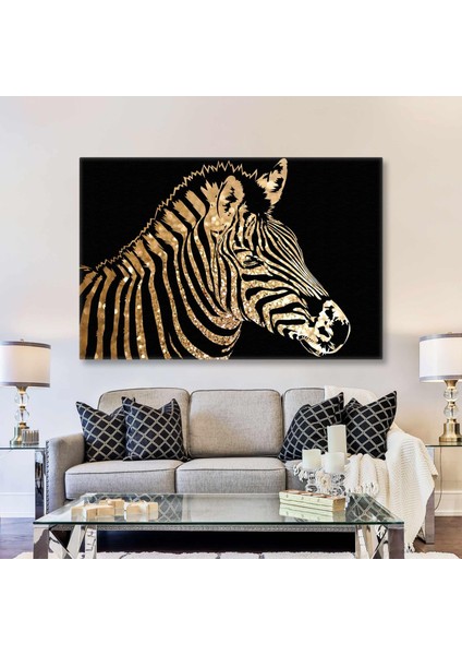 Gold Detaylı Zebra Illüstrasyonu Çizgili Hayvan Silüeti Yatay Kanvas Tablo
