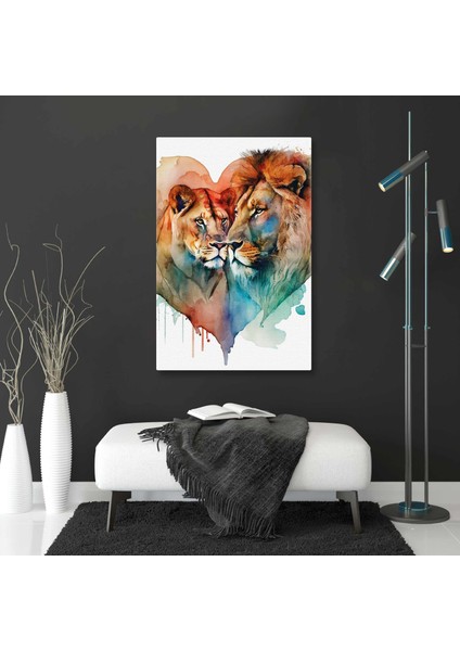 Karizmatik Aslan ve Kaplan Çifti Kalp Romantik Hayvan Dikey Kanvas Tablo