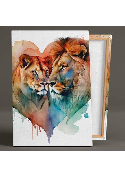 Karizmatik Aslan ve Kaplan Çifti Kalp Romantik Hayvan Dikey Kanvas Tablo
