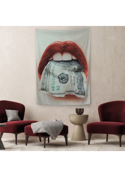 Ağzın Da Dolar Olan Kadın Duvar Örtüsü - Halısı-6260
