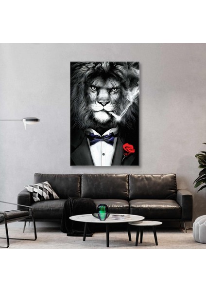 Yakasında Kırmızı Gül Papyonlu Karizmatik Aslan Dikey Kanvas Tablo