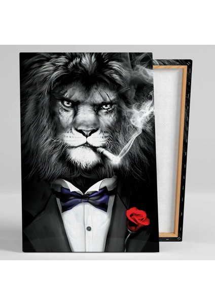 Yakasında Kırmızı Gül Papyonlu Karizmatik Aslan Dikey Kanvas Tablo fiyatları
