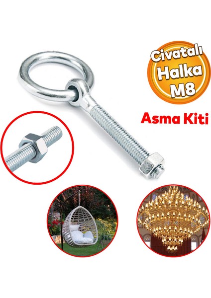 Delikli Halkalı Metal Paslanmaz Civata M8 Somunlu Sabitleme Çekme Kaldırma Tavan Kancası Asma Kit