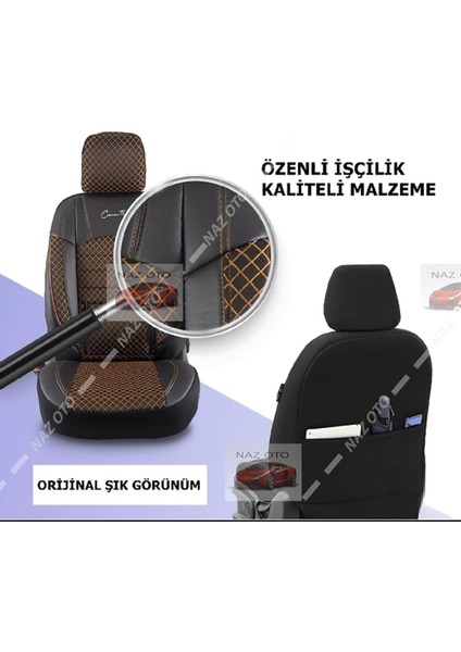 Fırst Class Kapitone Kumaş Siyah-Tarçın Deri Ortapedik Oto Kılıfı