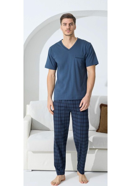 Kly 9508 V Yaka Ekoseli Pijama Takım