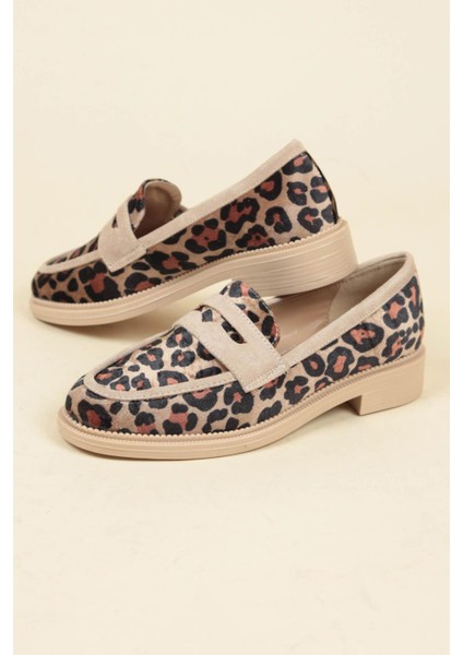 Süet Garnili Kadife Leopar Loafer Ten modelleri