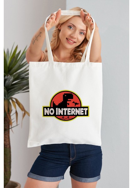 No Internet Model Baskılı Günlük Kullanım Özel Baskı Bez Omuz Çantası Hediyelik Tote Bag