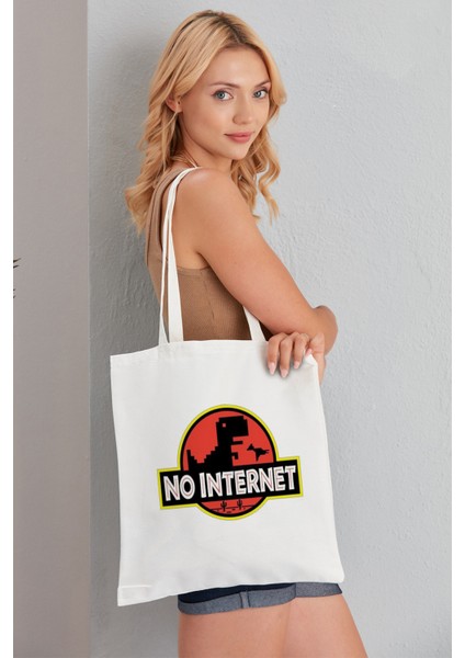 No Internet Model Baskılı Günlük Kullanım Özel Baskı Bez Omuz Çantası Hediyelik Tote Bag