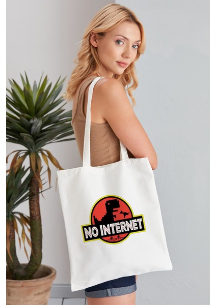 No Internet Model Baskılı Günlük Kullanım Özel Baskı Bez Omuz Çantası Hediyelik Tote Bag