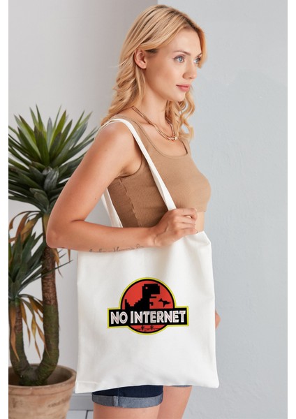 No Internet Model Baskılı Günlük Kullanım Özel Baskı Bez Omuz Çantası Hediyelik Tote Bag