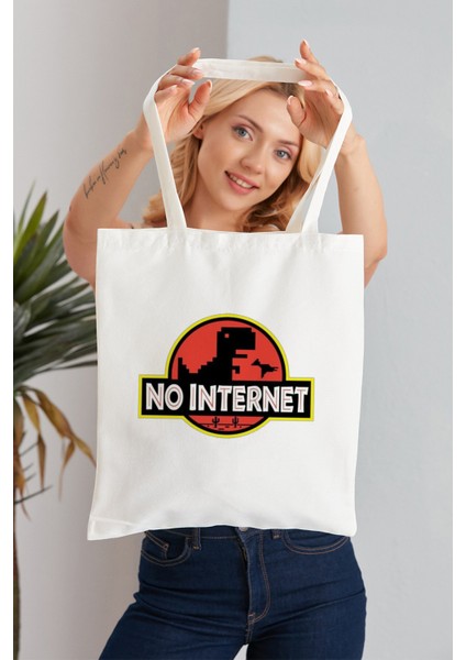 No Internet Model Baskılı Günlük Kullanım Özel Baskı Bez Omuz Çantası Hediyelik Tote Bag