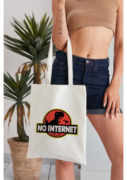 No Internet Model Baskılı Günlük Kullanım Özel Baskı Bez Omuz Çantası Hediyelik Tote Bag