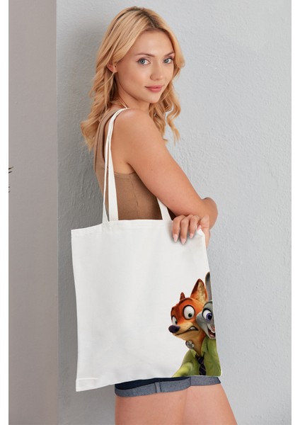 Zootopia Model Baskılı Günlük Kullanım Özel Baskı Bez Omuz Çantası Hediyelik Tote Bag