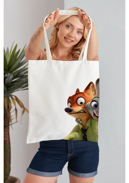 Zootopia Model Baskılı Günlük Kullanım Özel Baskı Bez Omuz Çantası Hediyelik Tote Bag