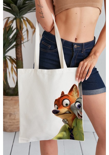 Zootopia Model Baskılı Günlük Kullanım Özel Baskı Bez Omuz Çantası Hediyelik Tote Bag