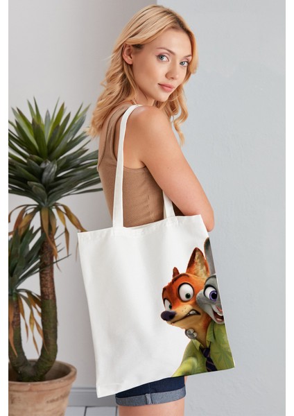 Zootopia Model Baskılı Günlük Kullanım Özel Baskı Bez Omuz Çantası Hediyelik Tote Bag