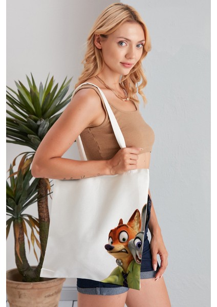 Zootopia Model Baskılı Günlük Kullanım Özel Baskı Bez Omuz Çantası Hediyelik Tote Bag