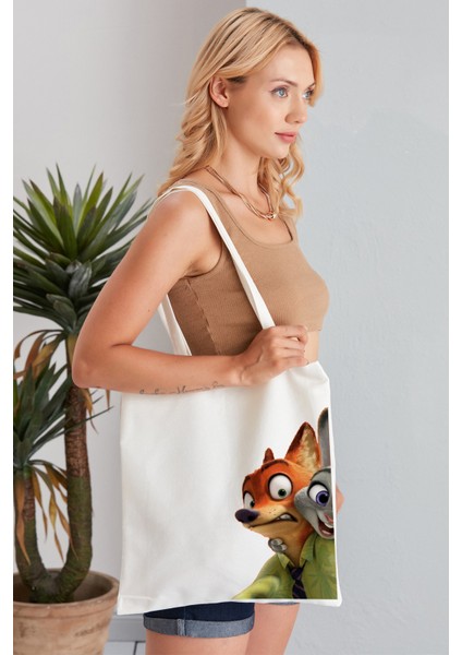 Zootopia Model Baskılı Günlük Kullanım Özel Baskı Bez Omuz Çantası Hediyelik Tote Bag