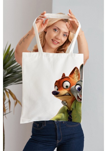 Zootopia Model Baskılı Günlük Kullanım Özel Baskı Bez Omuz Çantası Hediyelik Tote Bag