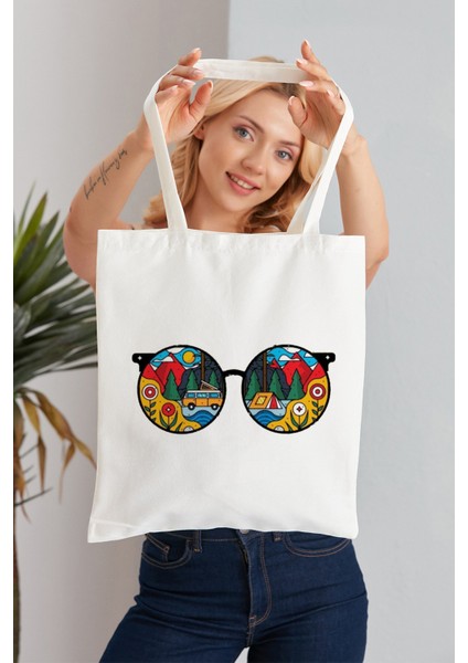 Kamp Gözlüklü Model Baskılı Günlük Kullanım Özel Baskı Bez Omuz Çantası Hediyelik Tote Bag