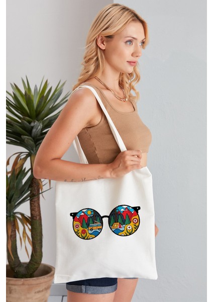 Kamp Gözlüklü Model Baskılı Günlük Kullanım Özel Baskı Bez Omuz Çantası Hediyelik Tote Bag fiyatları