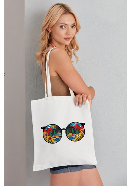 Kamp Gözlüklü Model Baskılı Günlük Kullanım Özel Baskı Bez Omuz Çantası Hediyelik Tote Bag modelleri
