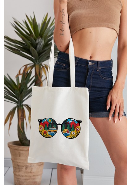 Kamp Gözlüklü Model Baskılı Günlük Kullanım Özel Baskı Bez Omuz Çantası Hediyelik Tote Bag indirimleri