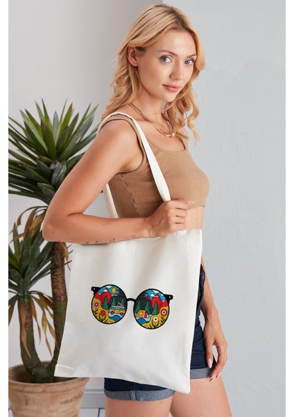 Kamp Gözlüklü Model Baskılı Günlük Kullanım Özel Baskı Bez Omuz Çantası Hediyelik Tote Bag