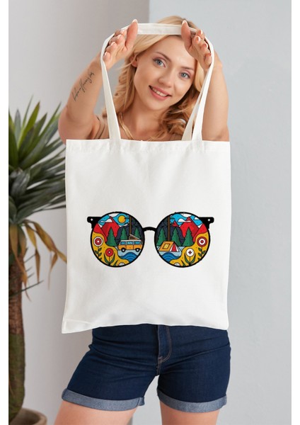 Kamp Gözlüklü Model Baskılı Günlük Kullanım Özel Baskı Bez Omuz Çantası Hediyelik Tote Bag