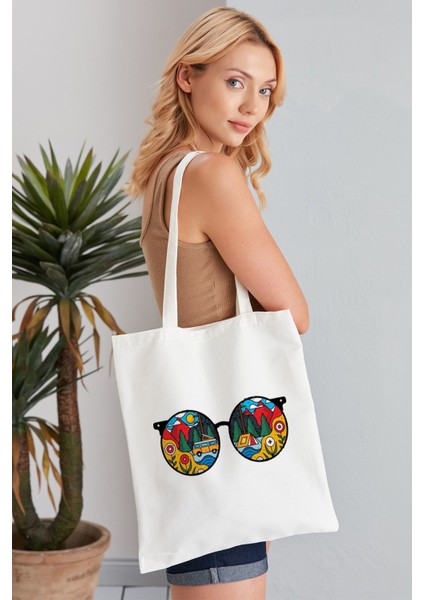 Kamp Gözlüklü Model Baskılı Günlük Kullanım Özel Baskı Bez Omuz Çantası Hediyelik Tote Bag