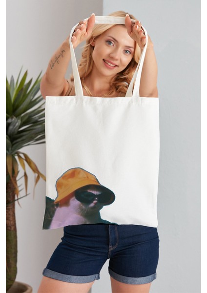 Gözlüklü Kedi Model Baskılı Günlük Kullanım Özel Baskı Bez Omuz Çantası Hediyelik Tote Bag