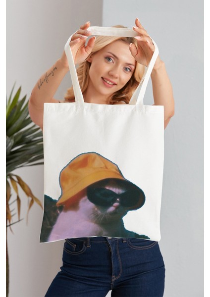 Gözlüklü Kedi Model Baskılı Günlük Kullanım Özel Baskı Bez Omuz Çantası Hediyelik Tote Bag