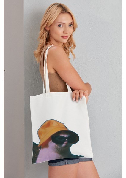 Gözlüklü Kedi Model Baskılı Günlük Kullanım Özel Baskı Bez Omuz Çantası Hediyelik Tote Bag