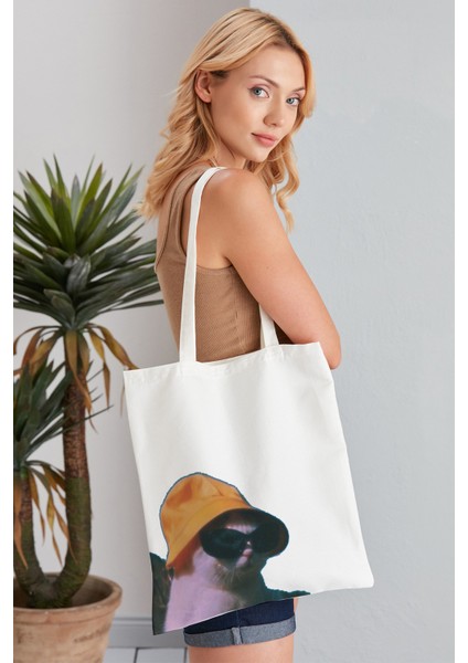 Gözlüklü Kedi Model Baskılı Günlük Kullanım Özel Baskı Bez Omuz Çantası Hediyelik Tote Bag