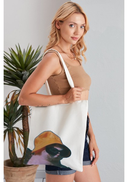 Gözlüklü Kedi Model Baskılı Günlük Kullanım Özel Baskı Bez Omuz Çantası Hediyelik Tote Bag