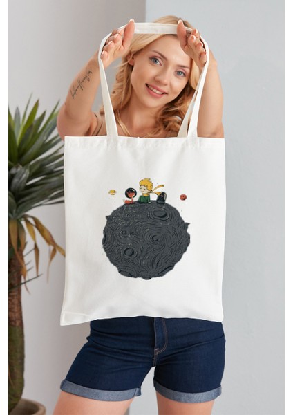 Küçük Prens Model Baskılı Günlük Kullanım Özel Baskı Bez Omuz Çantası Hediyelik Tote Bag