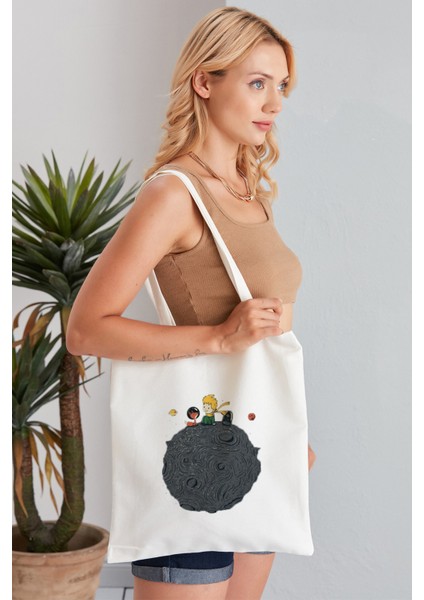 Küçük Prens Model Baskılı Günlük Kullanım Özel Baskı Bez Omuz Çantası Hediyelik Tote Bag