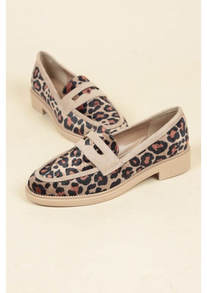 Süet Garnili Kadife Leopar Loafer Ten