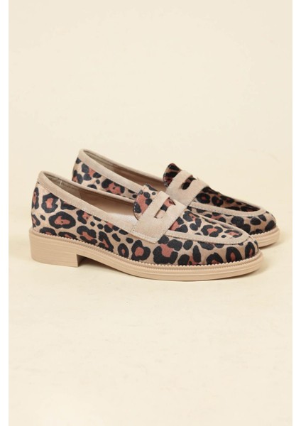 Süet Garnili Kadife Leopar Loafer Ten