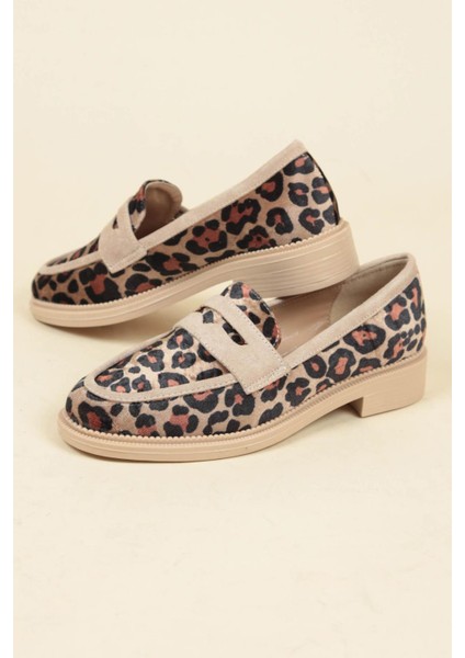 Süet Garnili Kadife Leopar Loafer Ten