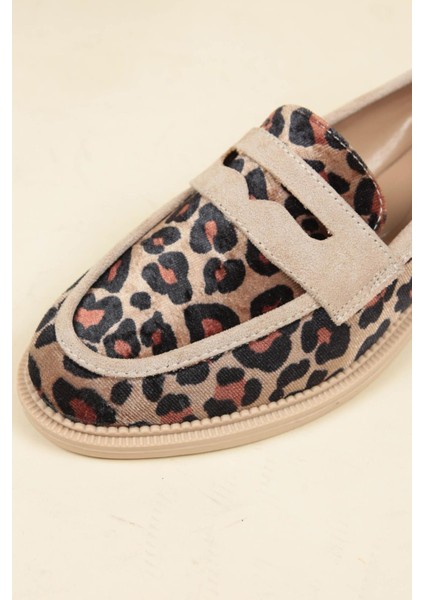 Süet Garnili Kadife Leopar Loafer Ten