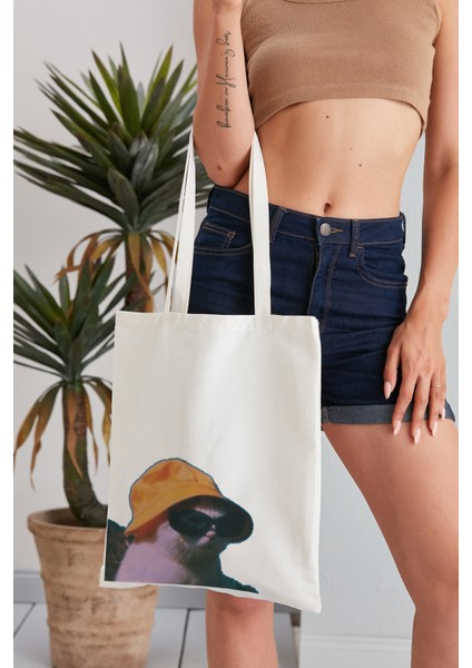 Gözlüklü Kedi Model Baskılı Günlük Kullanım Özel Baskı Bez Omuz Çantası Hediyelik Tote Bag