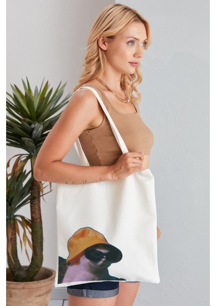 Gözlüklü Kedi Model Baskılı Günlük Kullanım Özel Baskı Bez Omuz Çantası Hediyelik Tote Bag