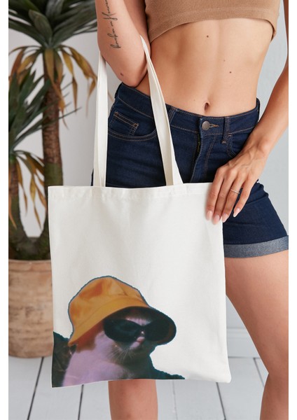 Gözlüklü Kedi Model Baskılı Günlük Kullanım Özel Baskı Bez Omuz Çantası Hediyelik Tote Bag
